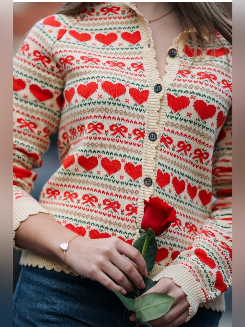 Kiel James Patrick Cream Cardigan with Red Heart & Bow Fair Isle - Picture 4 of 9